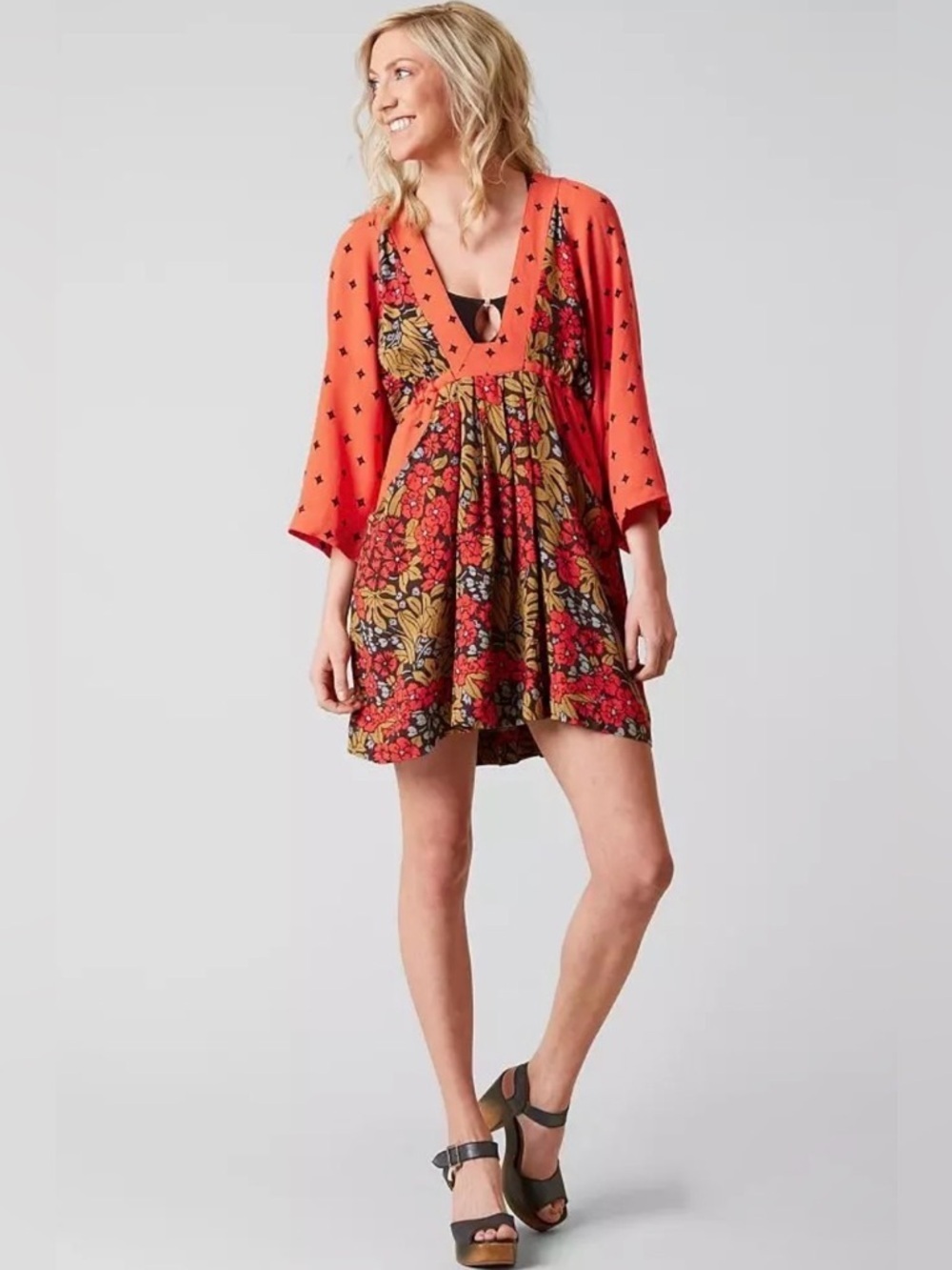 Free People Talulla Mini Dress in Orange Floral Print Size Large
